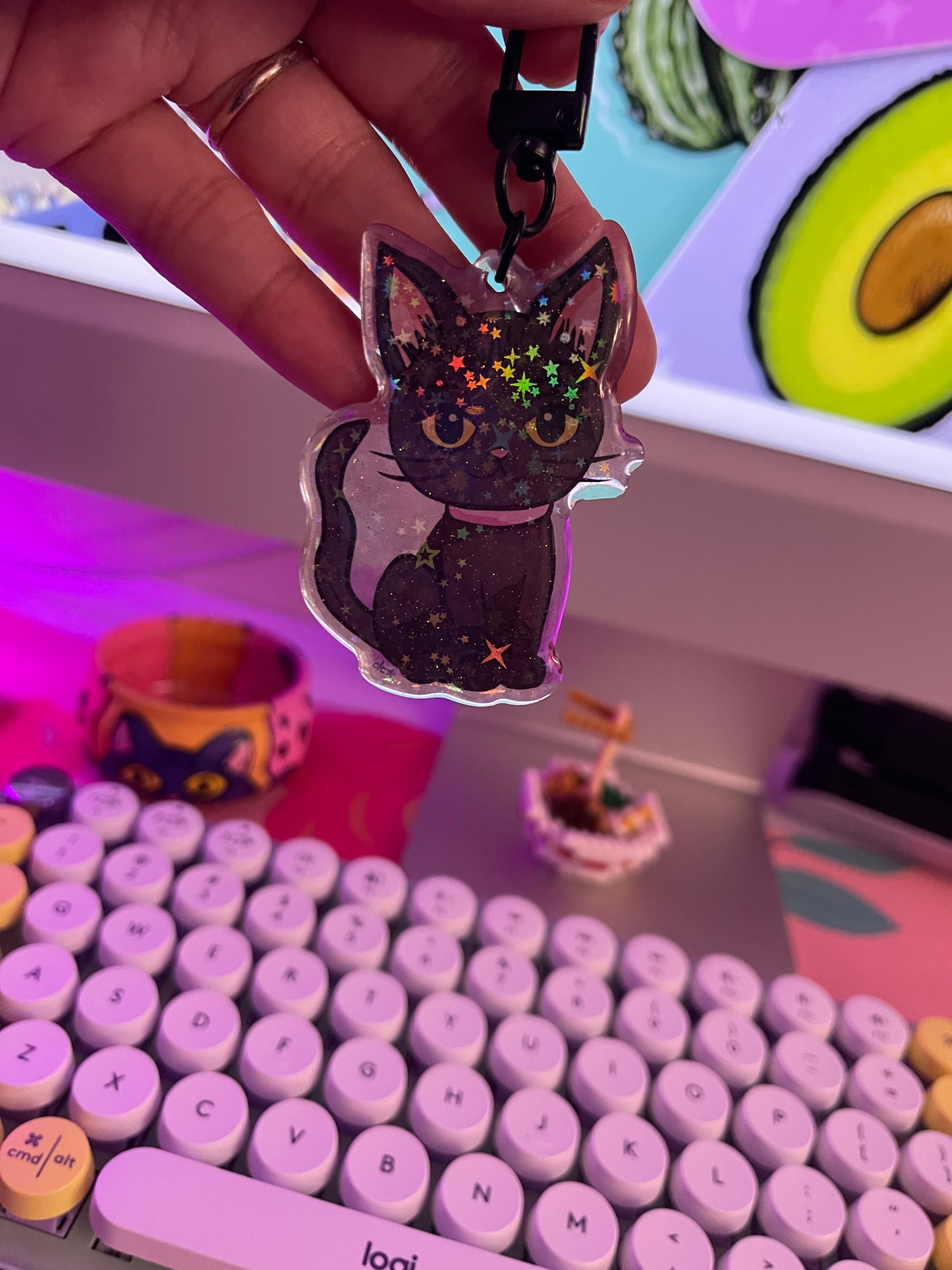 Kitty Meow Holographic Stars Keychain